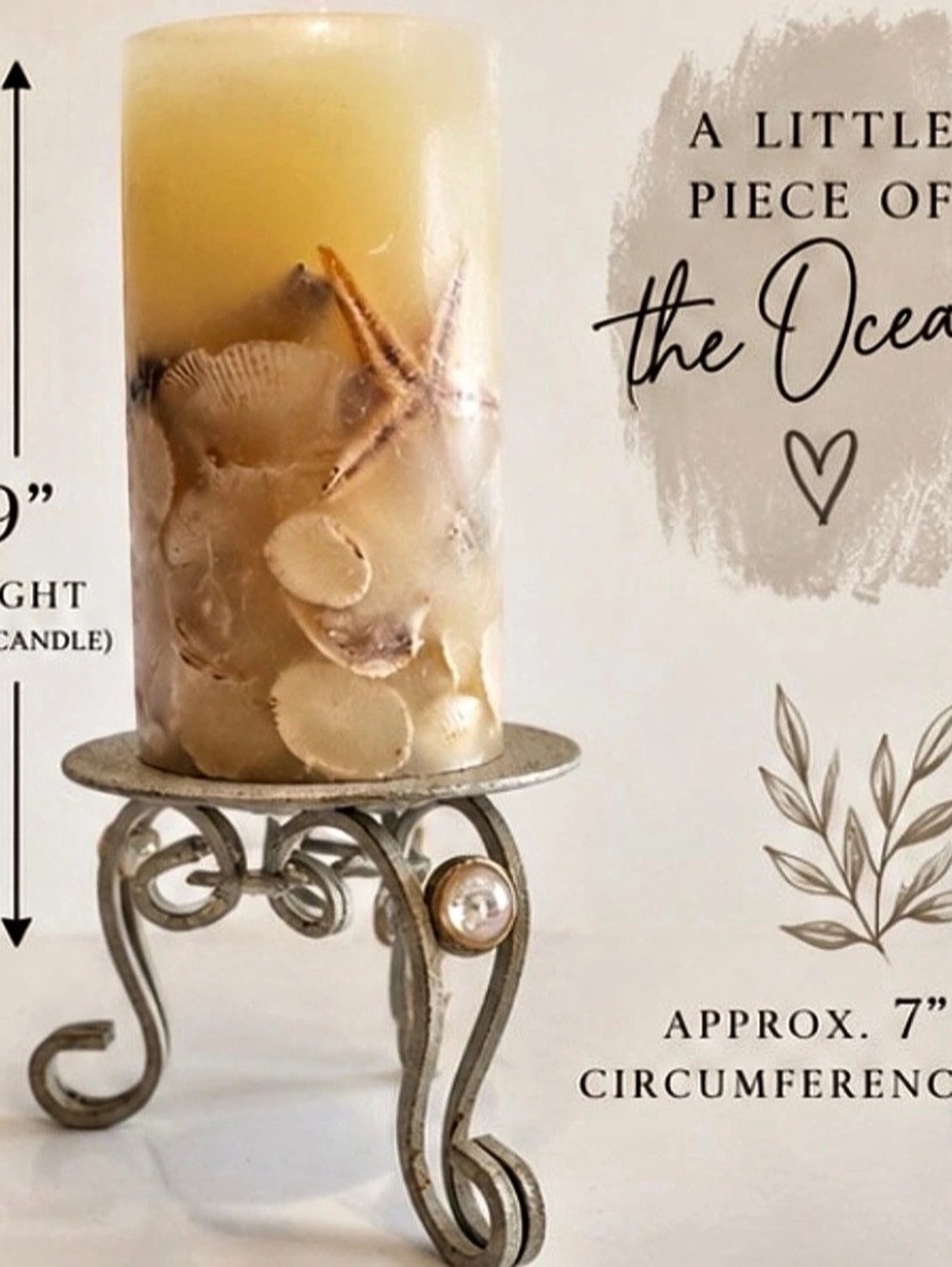 West Coast Coastal Shell & Starfish Pillar Candle with Ornate Footed Stand